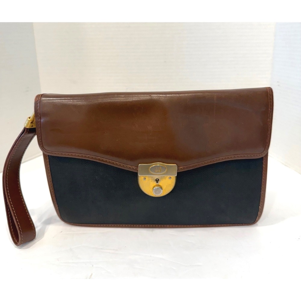 Alfred Dunhill Leather Canvas Wristlet Brown Black Push Lock Clutch Bag with Key